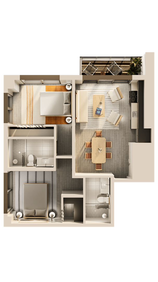 A 3D floor plan of a small apartment with a kitchen